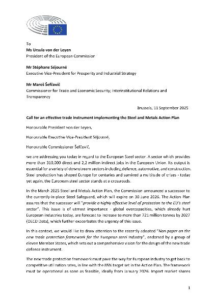 2025-09-11 Steel Trade Protection Framework Letter from MEPs-1