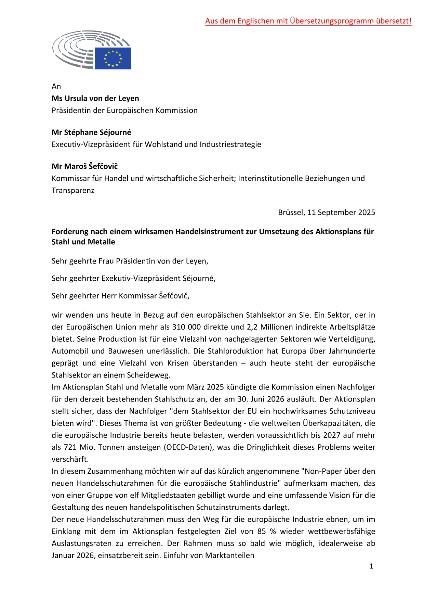 2025-09-11 Steel Trade Protection Framework Letter from MEPs_Übersetzung-1