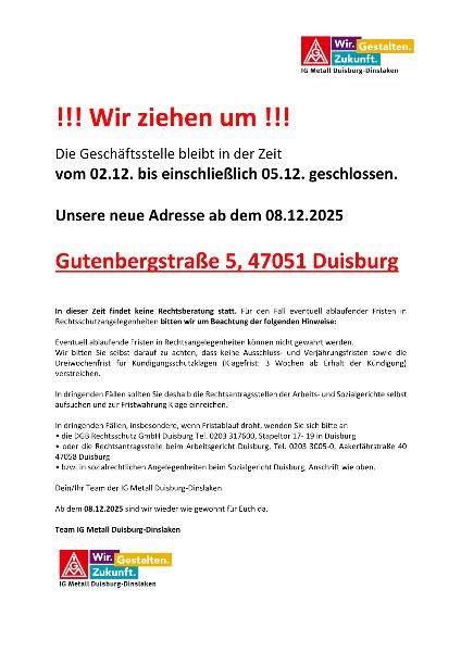 Umzug der Geschäftsstelle Duisburg-Dinslaken